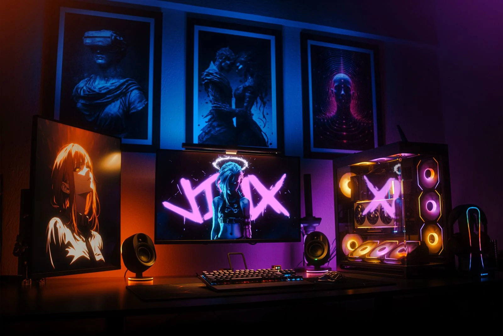 Gaming desk with an illuminated computer and immersive display